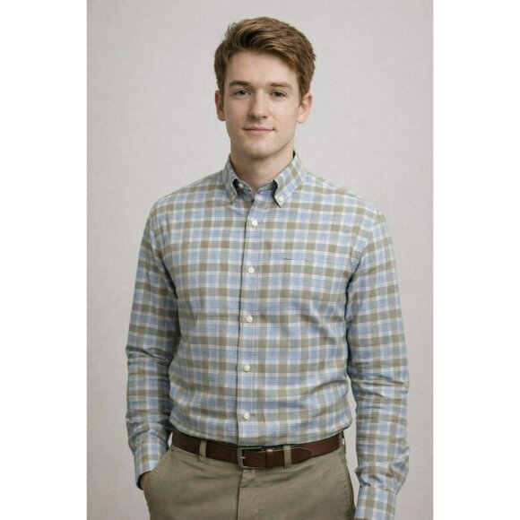 Ermenegildo Zegna Plaid Button-Up Shirt Mens Medium 100% Cotton Green & Blue Mad - Picture 10 of 10